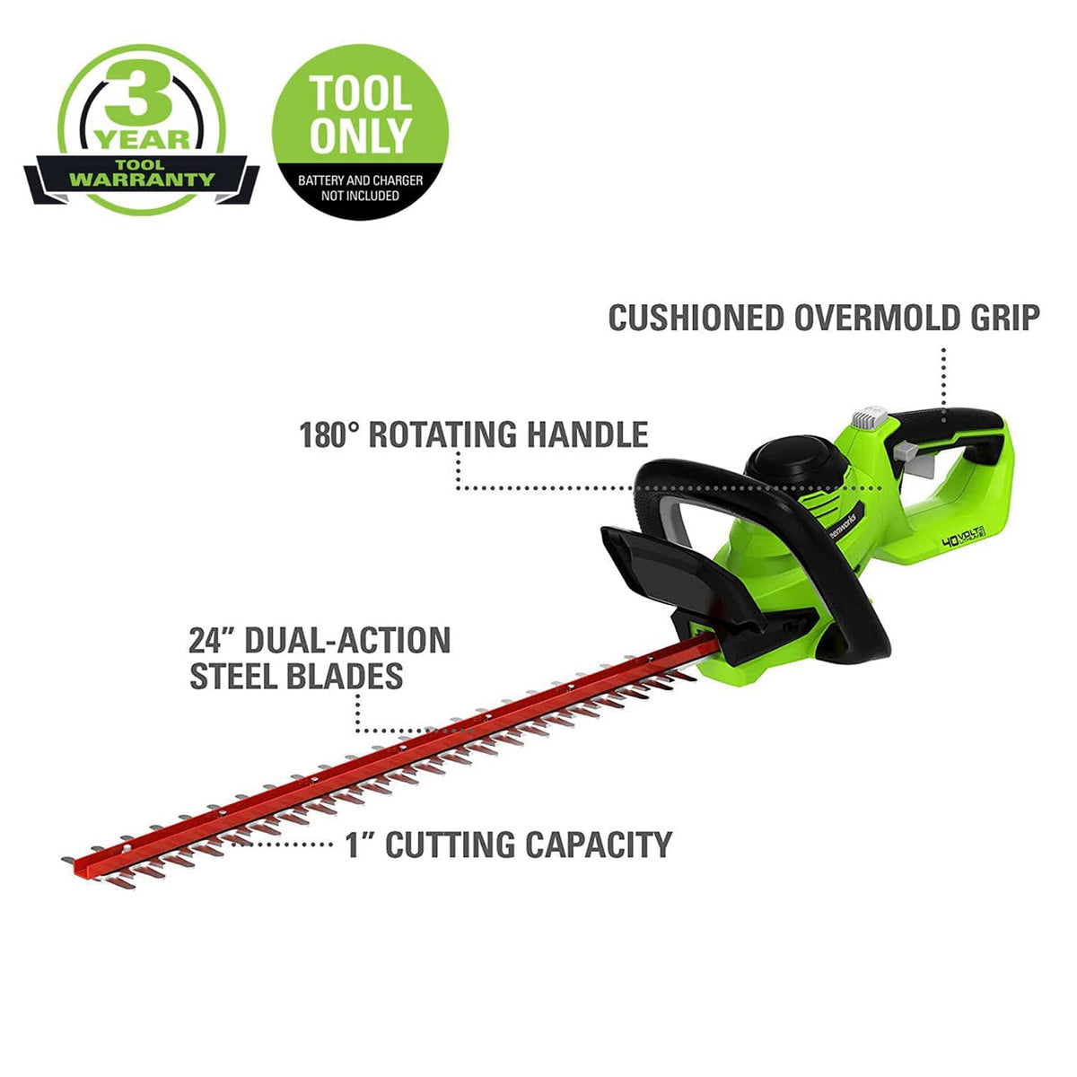 Greenworks 24-inch steel blades delivering precise hedge cuts.