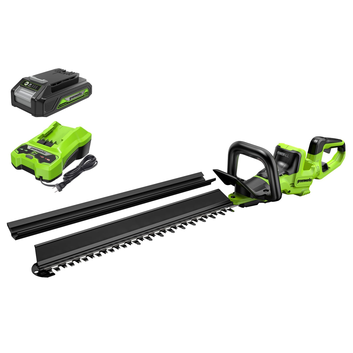 Greenworks 24V hedge trimmer with 24-inch blade slicing through hedges