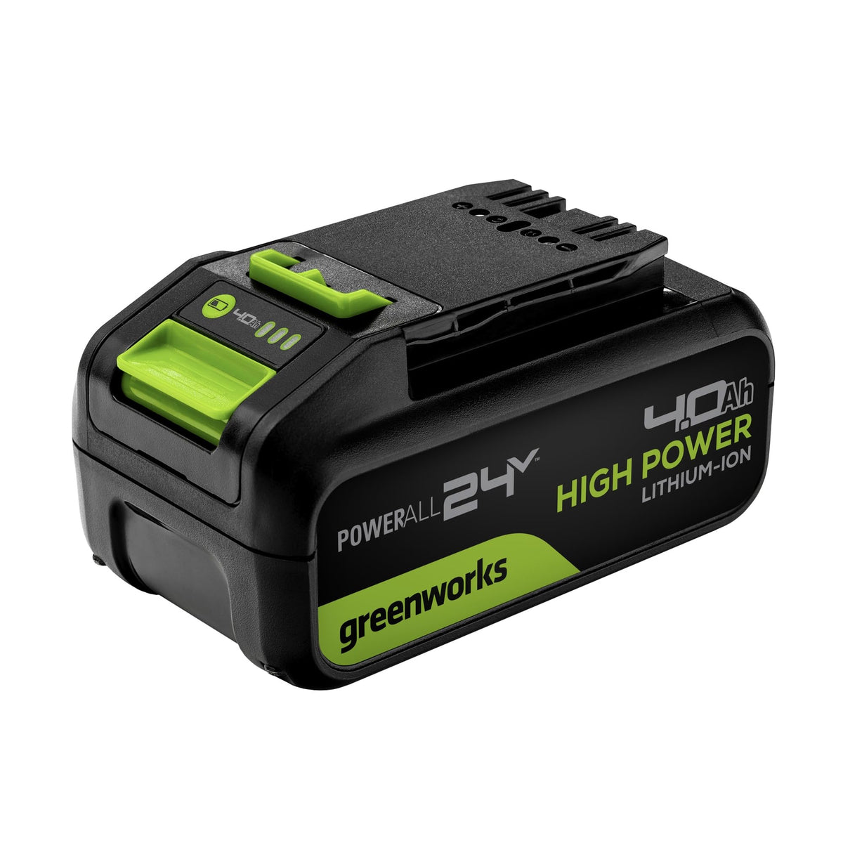 Greenworks 24V 4.0Ah battery front view showing compact power for cordless tools