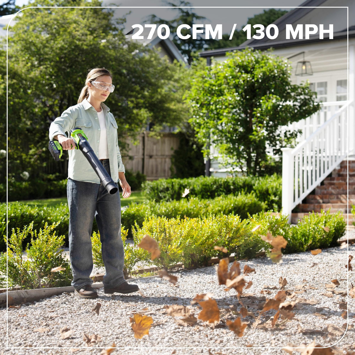 Greenworks 24V blower delivers 130 MPH airspeed for fast leaf removal.