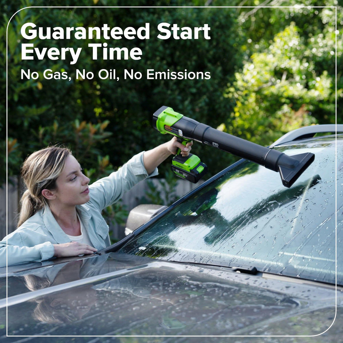Greenworks 24V blower shows 270 CFM airflow for driveways and garages.