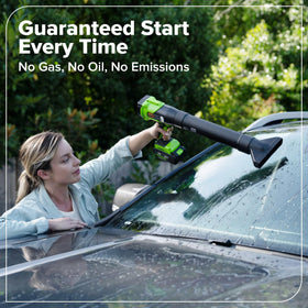 Greenworks 24V blower shows 270 CFM airflow for driveways and garages.