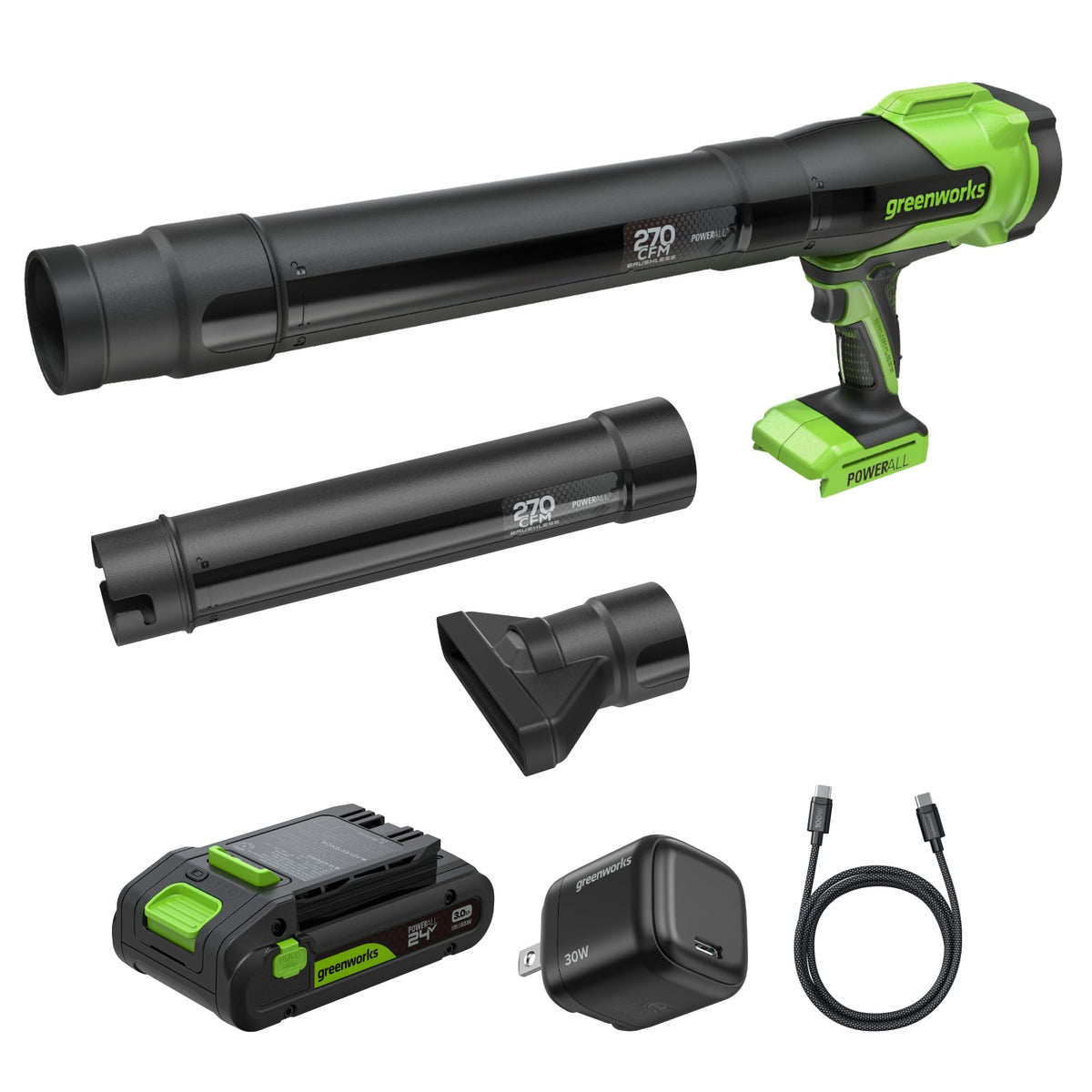 Greenworks 24V brushless blower with concentrator nozzle for targeted patio cleaning.
