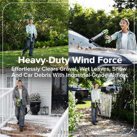 Greenworks 24V blower in-hand demonstrates ergonomic, easy handling for decks and patios.