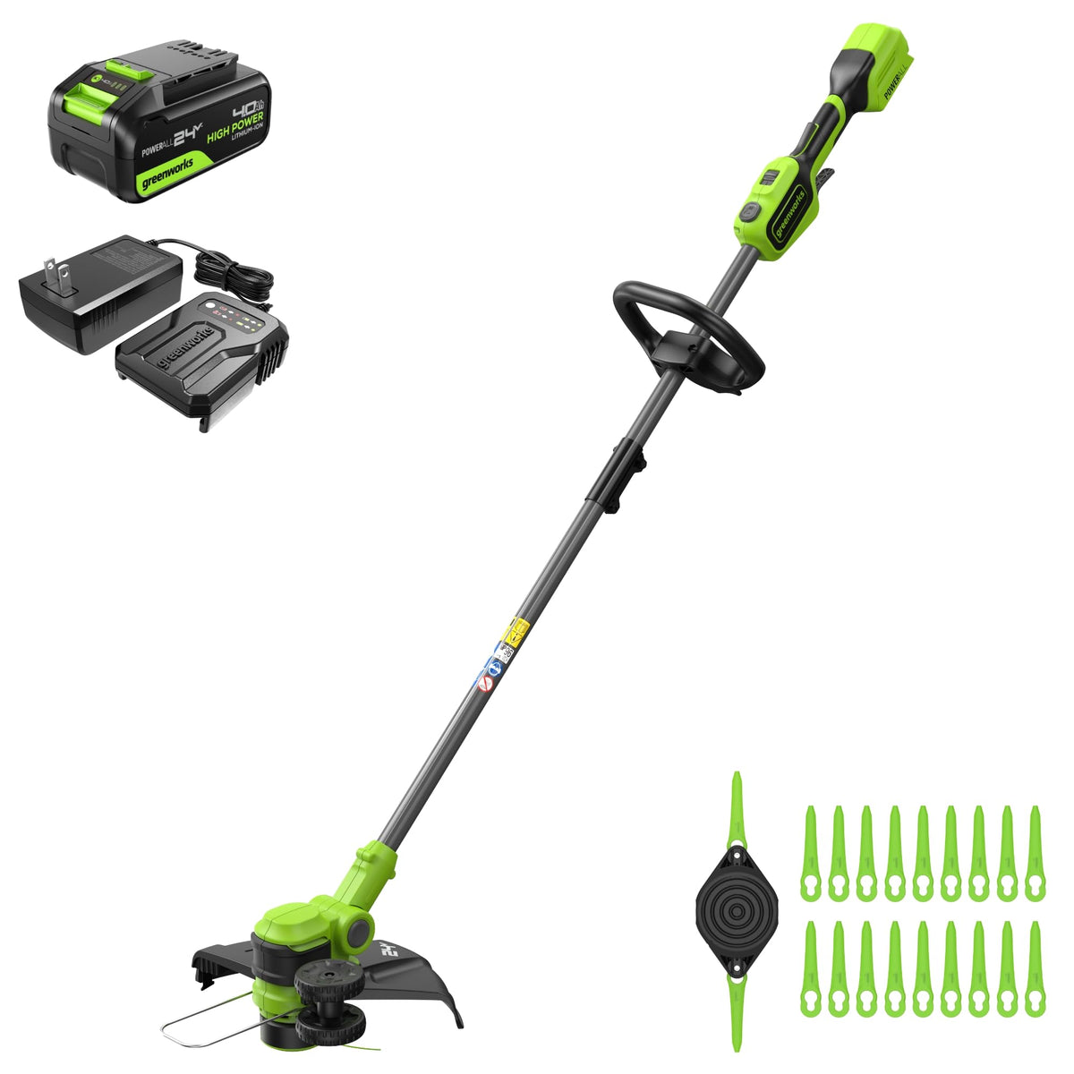 Greenworks 24V brushless trimmer and edger front view for clean lawn edges.