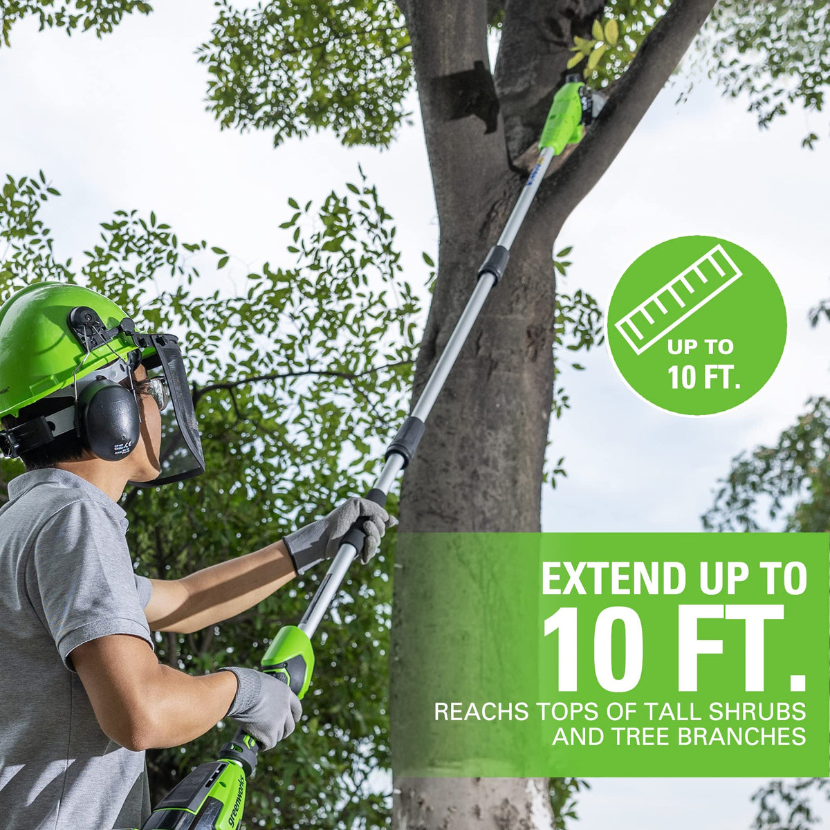 Greenworks 24V Hedge Trimmer with 20-inch blade for tall hedges.