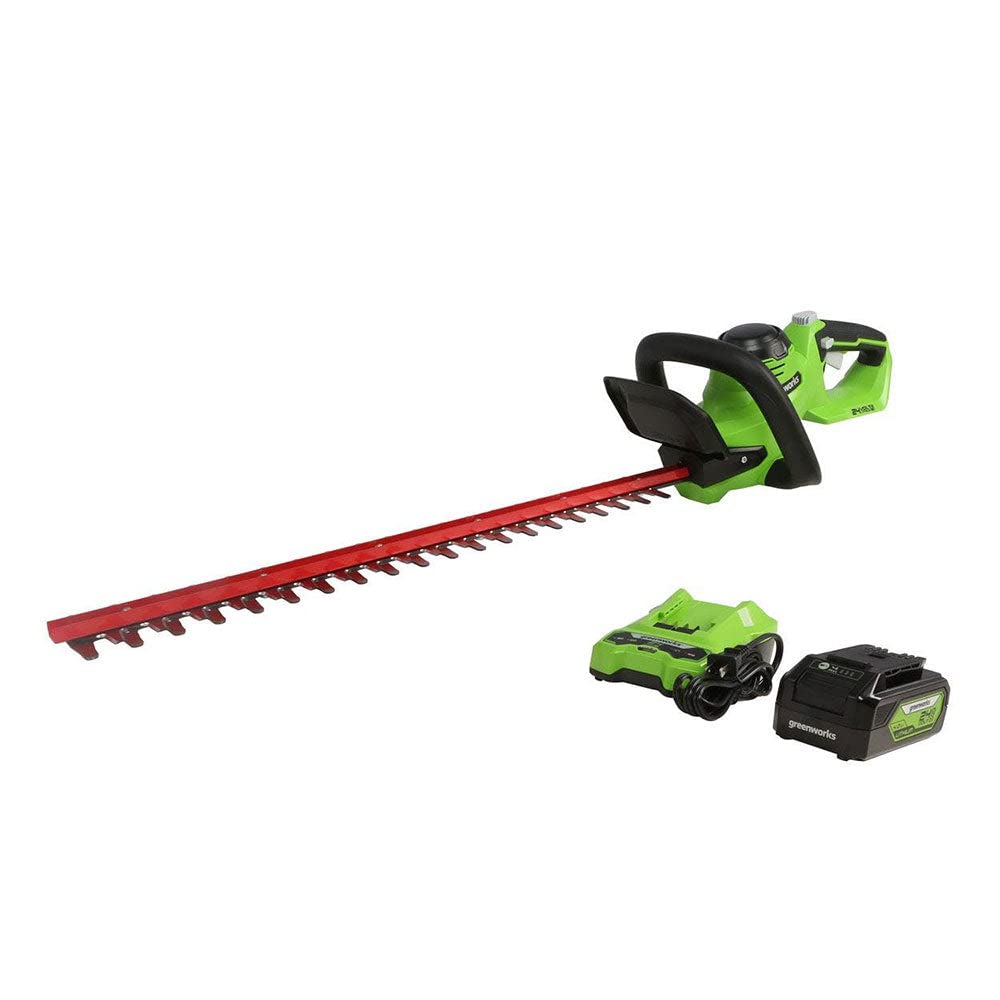 Greenworks 24V hedge trimmer dual-action blades reduce vibration.