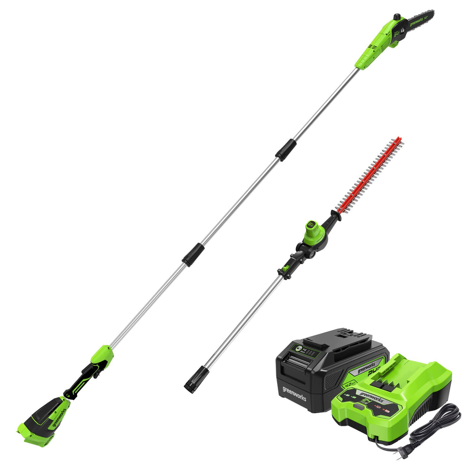 Greenworks 24V Polesaw with 10-inch bar trims branches efficiently.
