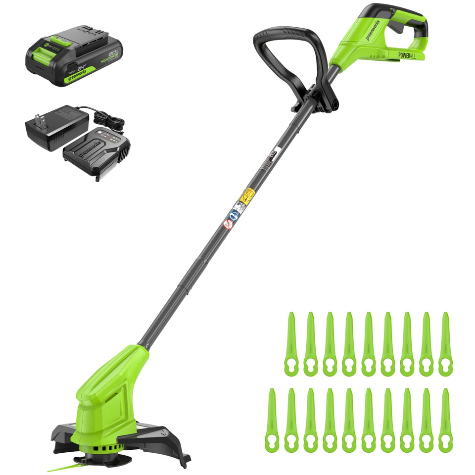 Greenworks 24V trimmer with 10-inch plastic blades for precise edging and fence-safe trimming.