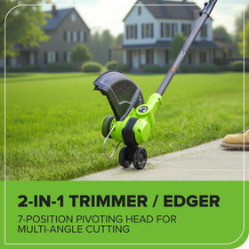 Greenworks 24V trimmer dual-mode switch enables seamless trimming and edging.