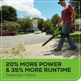 Greenworks 3-in-1 tool-change feature with blower, vacuum, mulch modes.