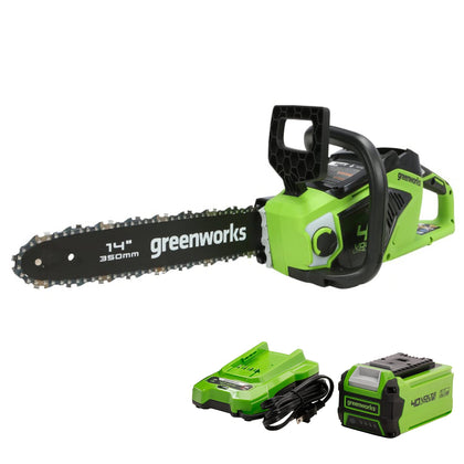 Greenworks 40V 14-Inch chainsaw with bar and chain for quick cuts.