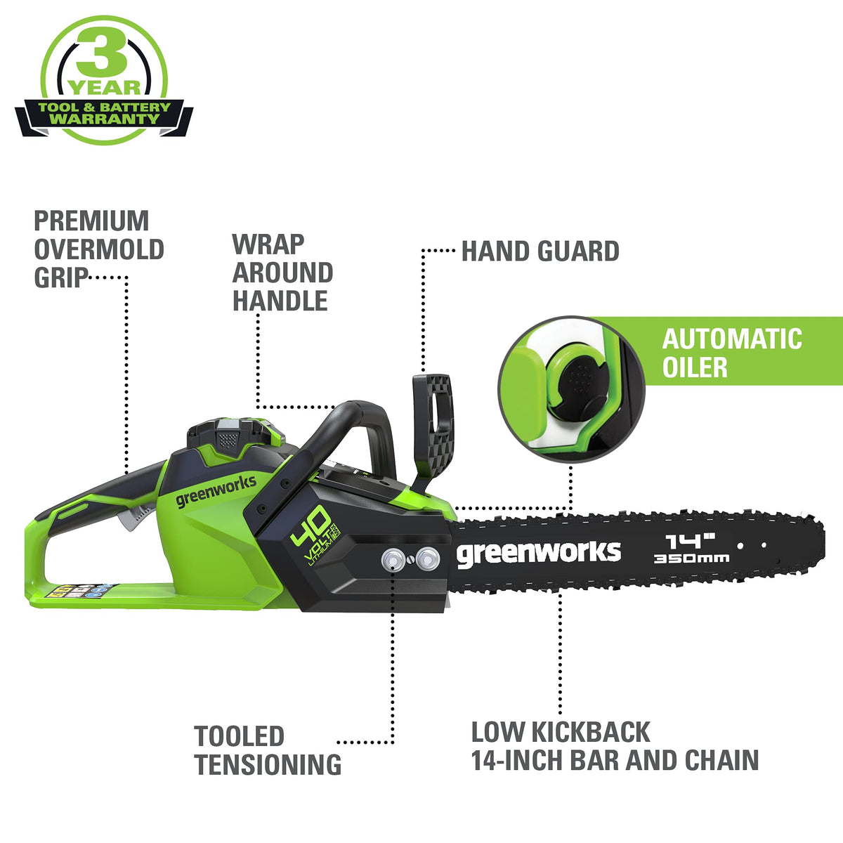 Greenworks 40V battery included for cordless operation during cleanup.