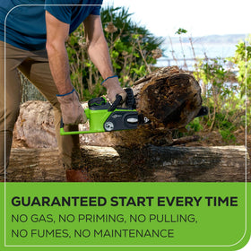 16-inch bar and chain on Greenworks chainsaw for precise cutting of branches