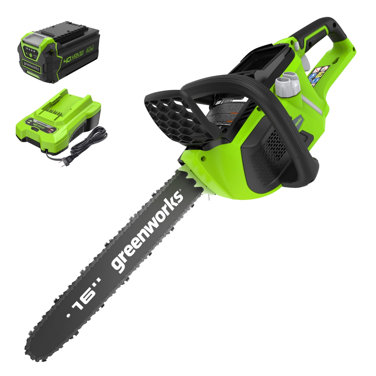 Greenworks 40V 16-inch brushless chainsaw ready for yard work with battery included