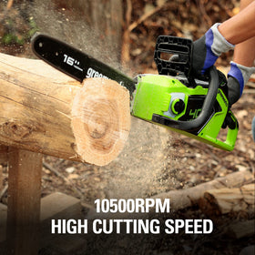 Greenworks 40V Gen 2 chainsaw in action cutting wood with minimal noise