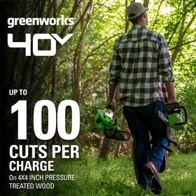Greenworks 40V Gen 2 chainsaw rear view showing balanced handling