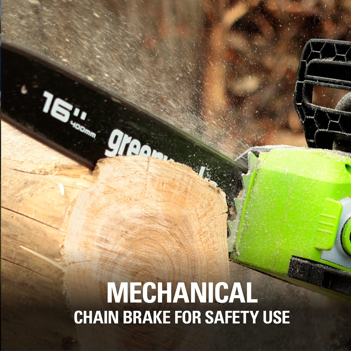 Greenworks 40V Gen 2 chainsaw with scabbard stored safely after use
