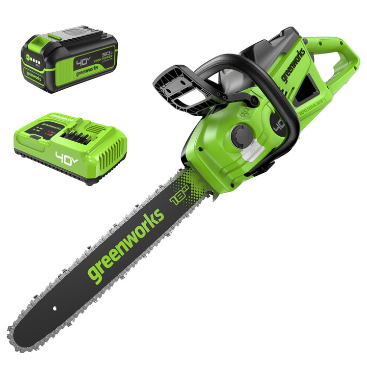 Greenworks 40V 18in chainsaw in use for yard cutting and pruning.