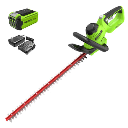 Greenworks 40V hedge trimmer with battery charger for cordless, precise trimming.