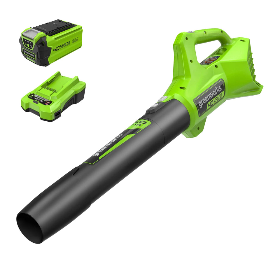 Greenworks 40V axial leaf blower front view showing portable power for yard cleanup