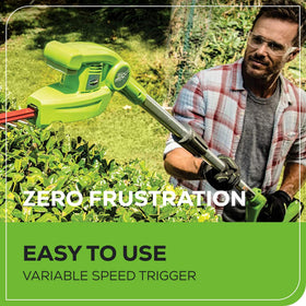 Greenworks 40V 2.0Ah battery powering extended tool runtime.