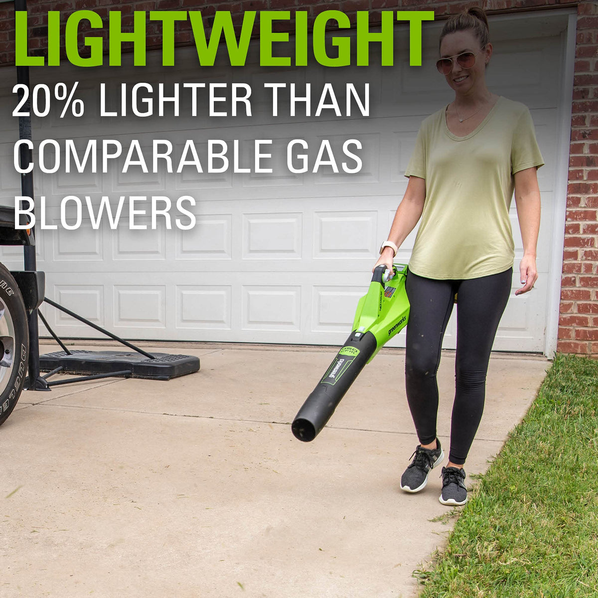 Greenworks 40V blower compact storage image shows easy organization
