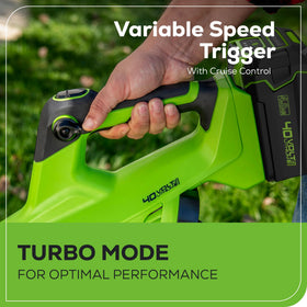 Greenworks 40V leaf blower battery-installed emphasizes cordless portability and convenience.