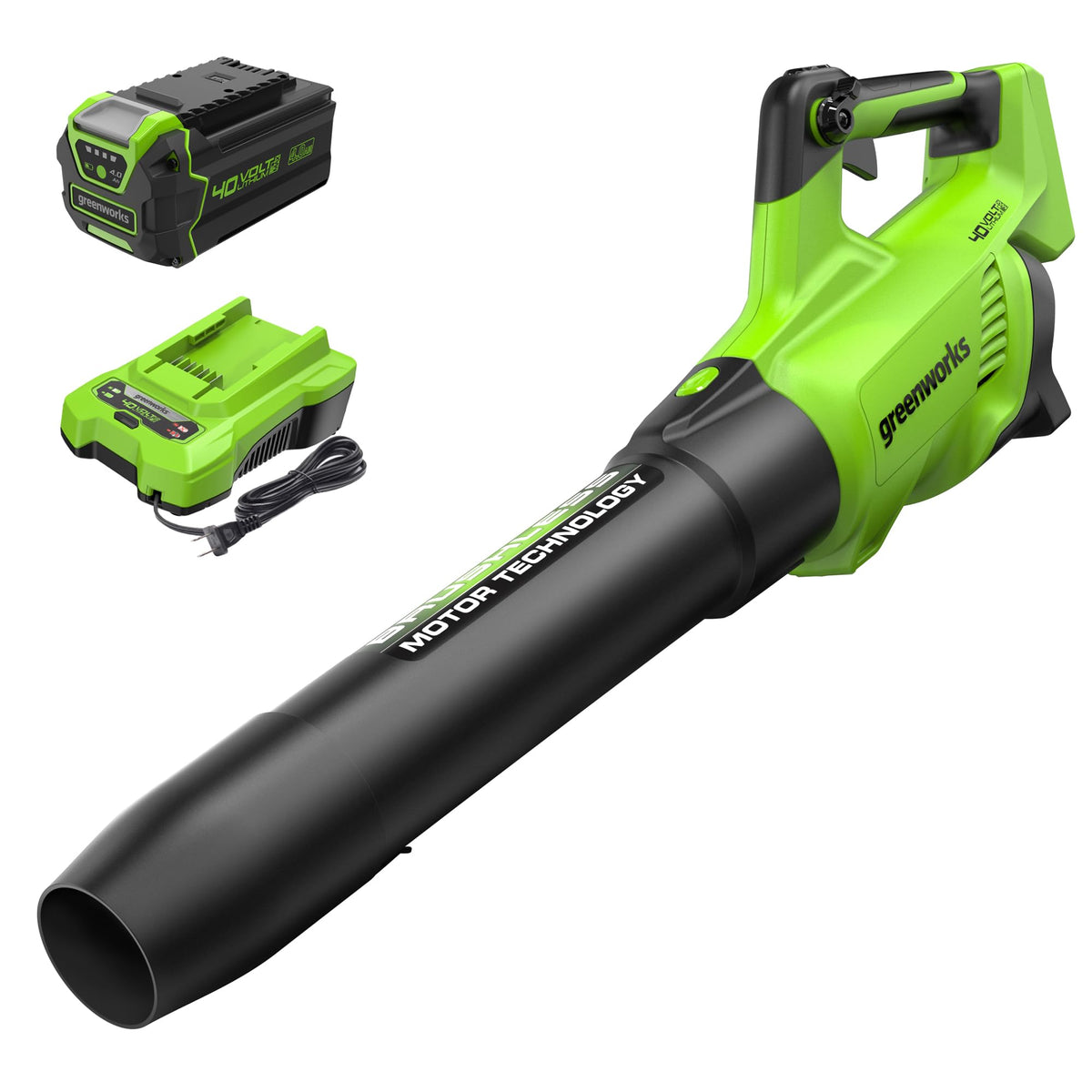 Greenworks 40V leaf blower front view shows compact, powerful design for easy yard cleanup.