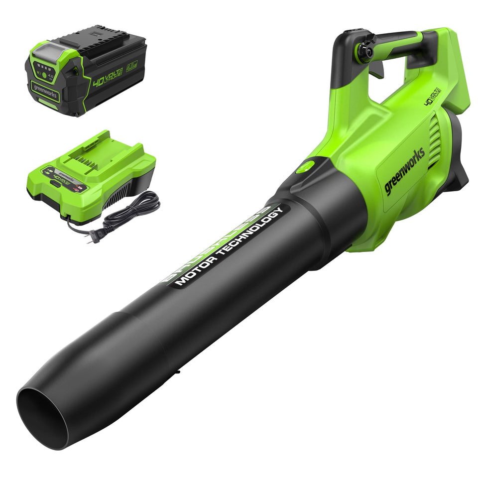 Greenworks 40V leaf blower front view shows compact, powerful design for easy yard cleanup.