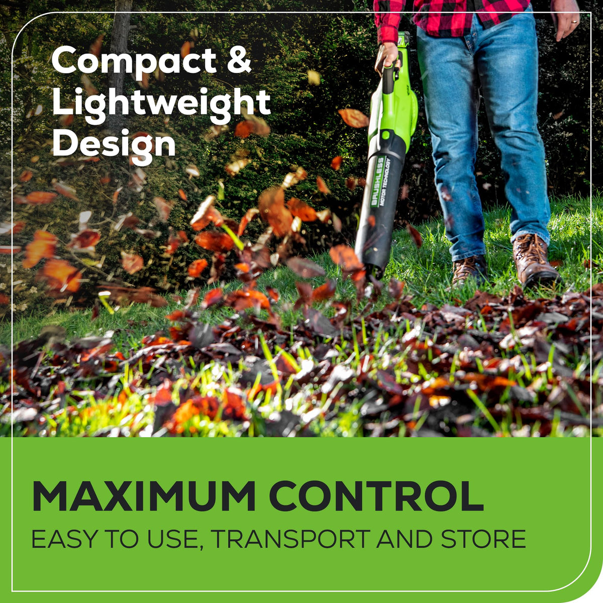 Greenworks 40V leaf blower turbo-boost enables instant peak power for stubborn dirt.