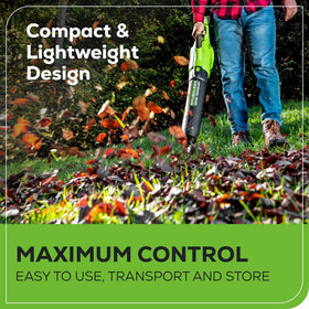 Greenworks 40V leaf blower turbo-boost enables instant peak power for stubborn dirt.