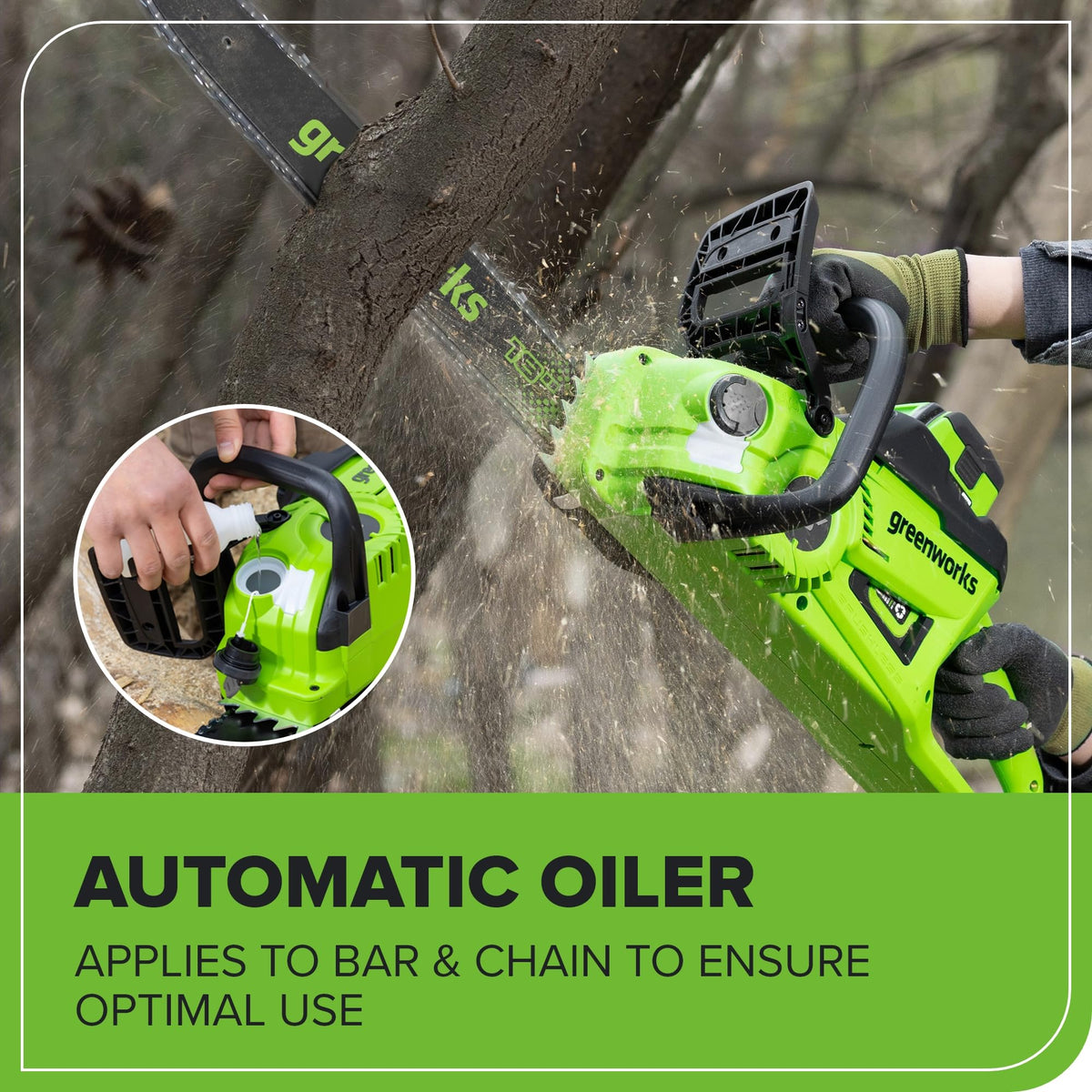 Greenworks rapid charger included for fast battery recharges.