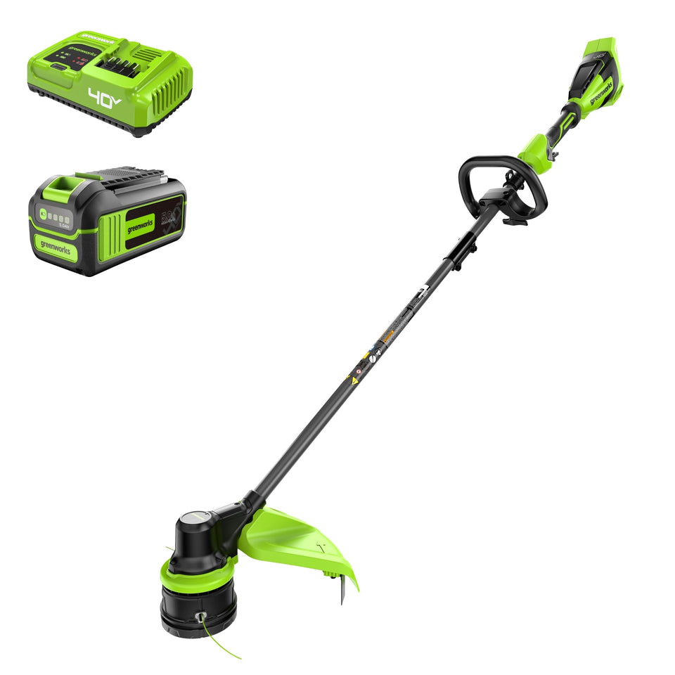 Greenworks 40V trimmer with brushless motor for efficient weed cutting around beds.