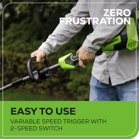 Greenworks 40V trimmer dual-line bump-feed for dense weeds.