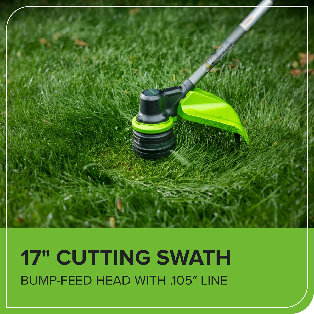 Greenworks 40V trimmer with ultra-lightweight design reduces fatigue.