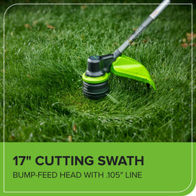 Greenworks 40V trimmer with ultra-lightweight design reduces fatigue.