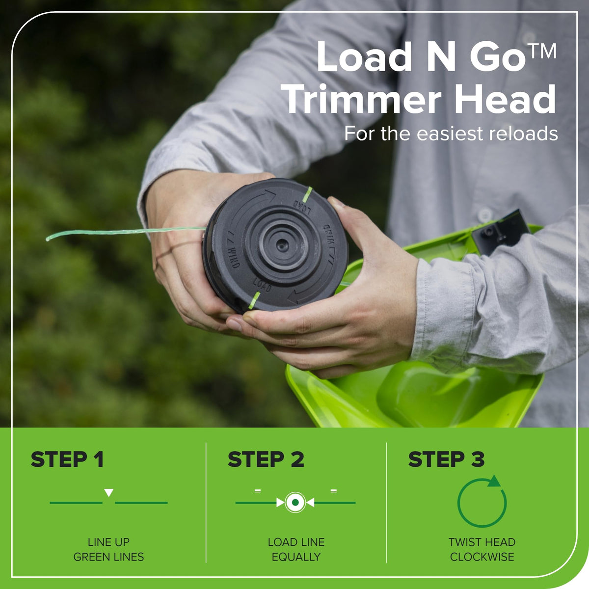 Greenworks 40V trimmer rapid-charge feature for back-to-back yard jobs.