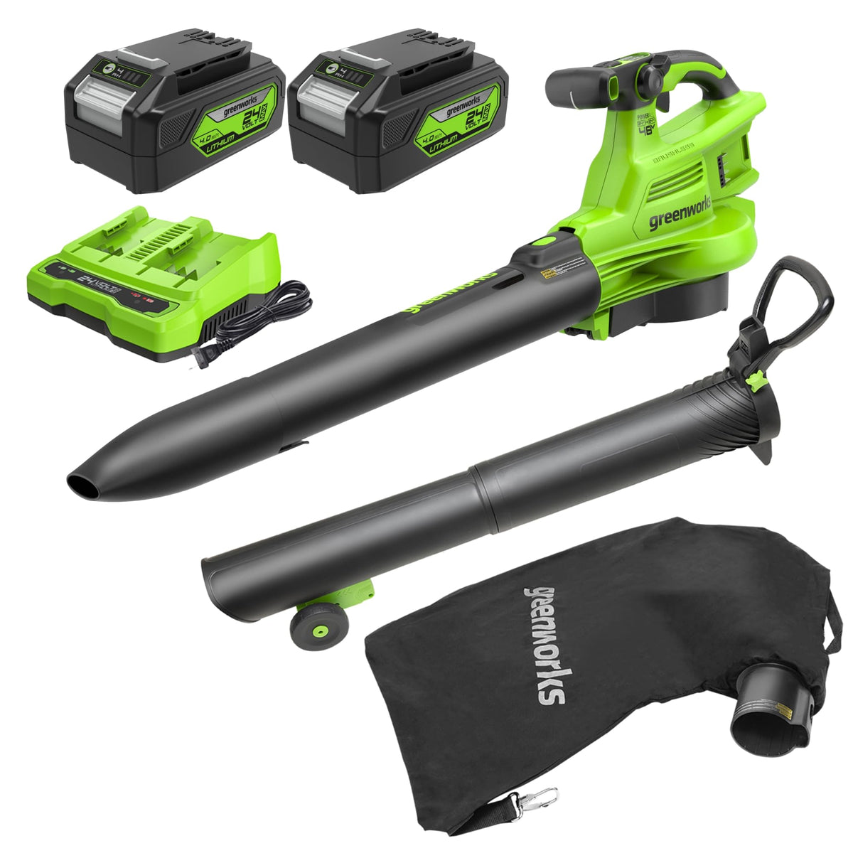 Greenworks 48V blower-vacuum-mulcher front view for rapid cleanup.