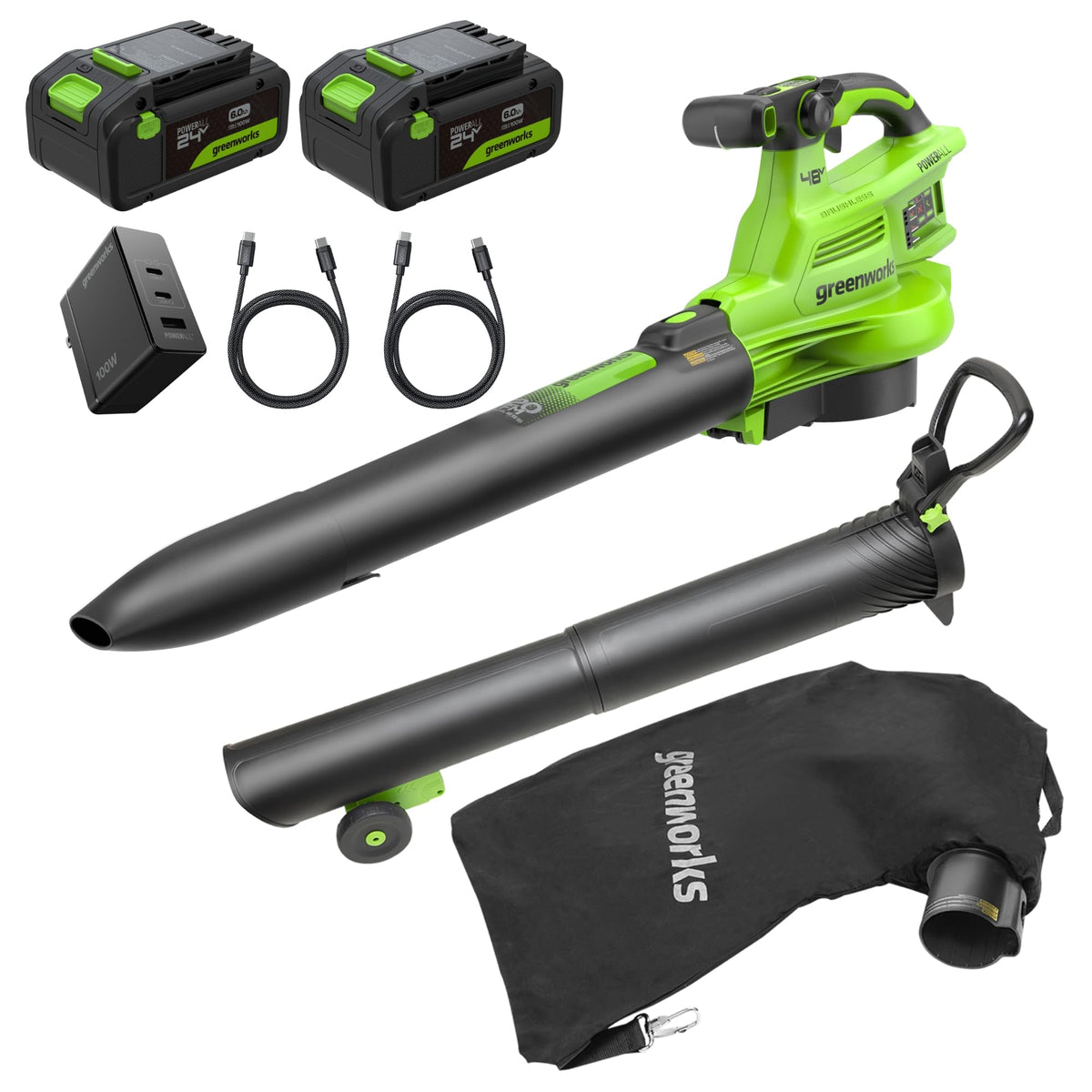 Greenworks 48V dual-battery system powering cordless cleanup