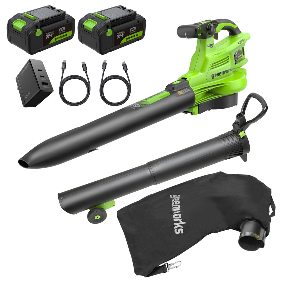 Greenworks 48V dual-battery system powering cordless cleanup