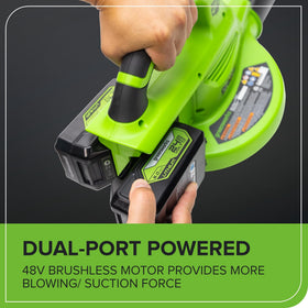 Greenworks 520 CFM 240 MPH performance infographic showing powerful airflow.