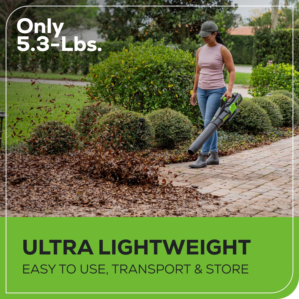 Greenworks 60V 5Ah battery provides long runtime and easy swaps.