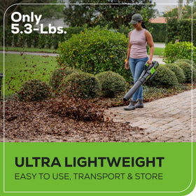 Greenworks 60V 5Ah battery provides long runtime and easy swaps.
