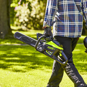 Greenworks Pro 4.0Ah battery shown for extended runtime and cordless convenience.