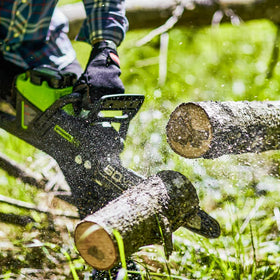 Greenworks Pro inertia brake enhances safety during operation.