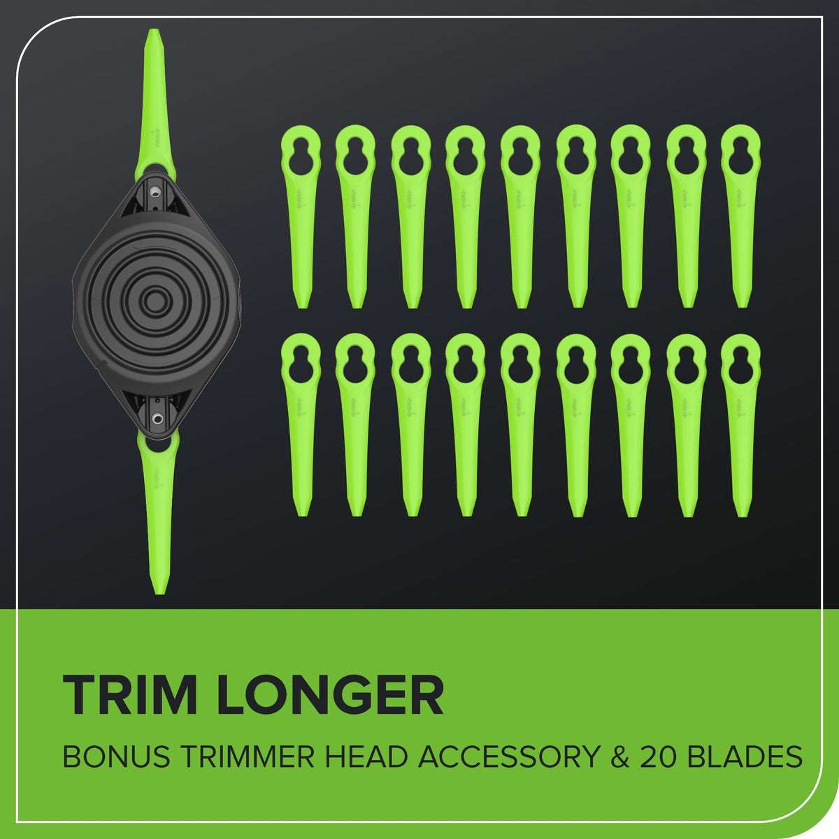 Greenworks 7-position rotating head reaches tight corners.
