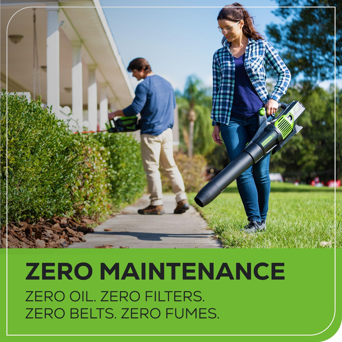 Greenworks 700 CFM air output clears patios and driveways efficiently.