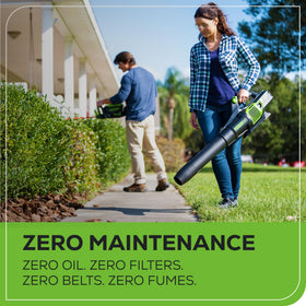 Greenworks 700 CFM air output clears patios and driveways efficiently.