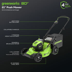 Greenworks 80V brushless motor, high torque visible for powerful cuts.